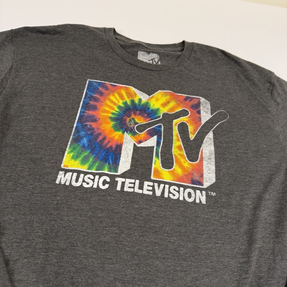 MTV Long Sleeve Dark Gray Graphic T-Shirt Tie Dye Logo Men's Size XL 80's 90's - Picture 3 of 14
